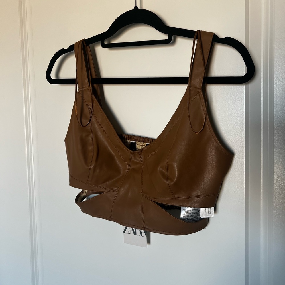 Zara - Brown Leather Crop top with cutouts
